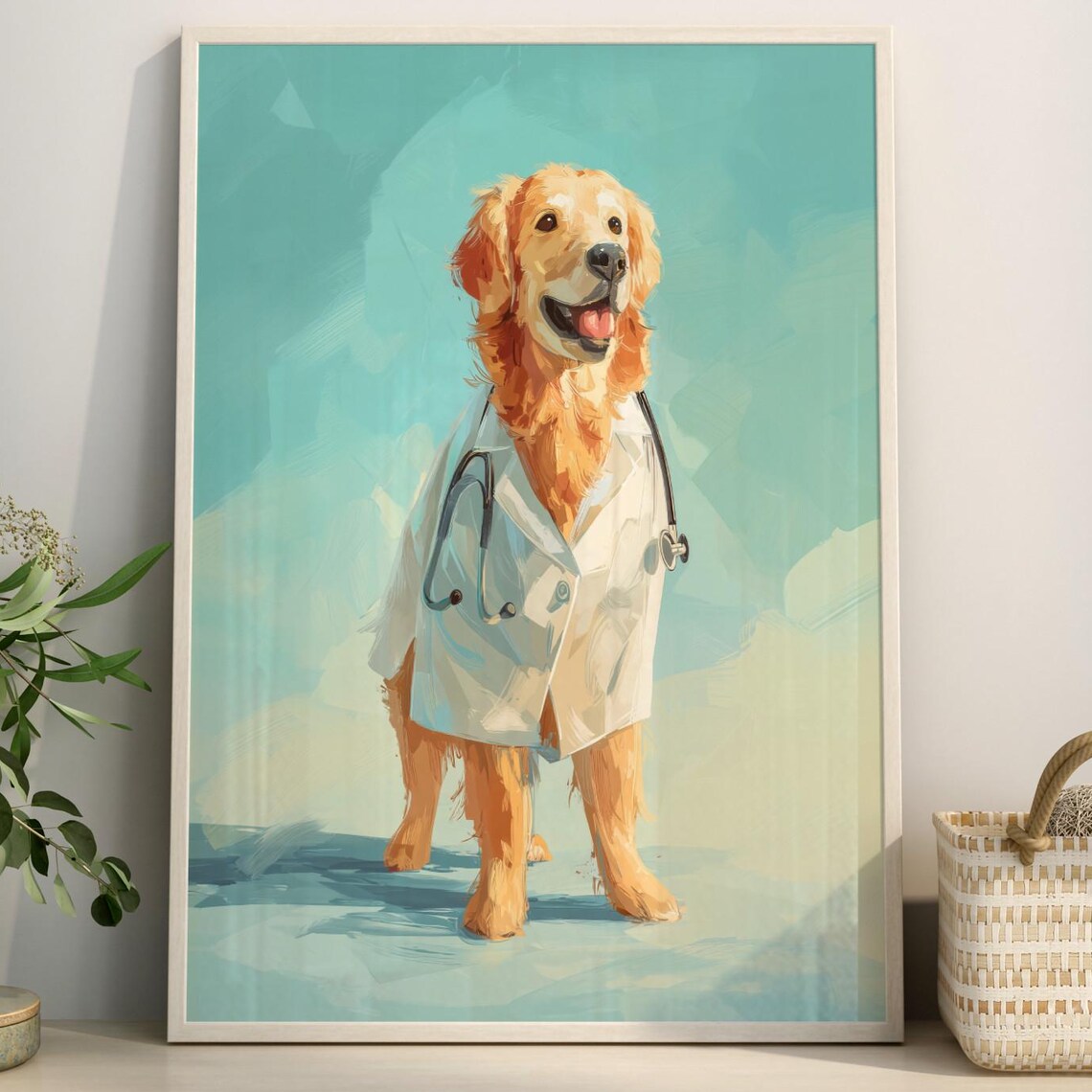 Doctor Dog Wall Art Print, Whimsical Golden Retriever