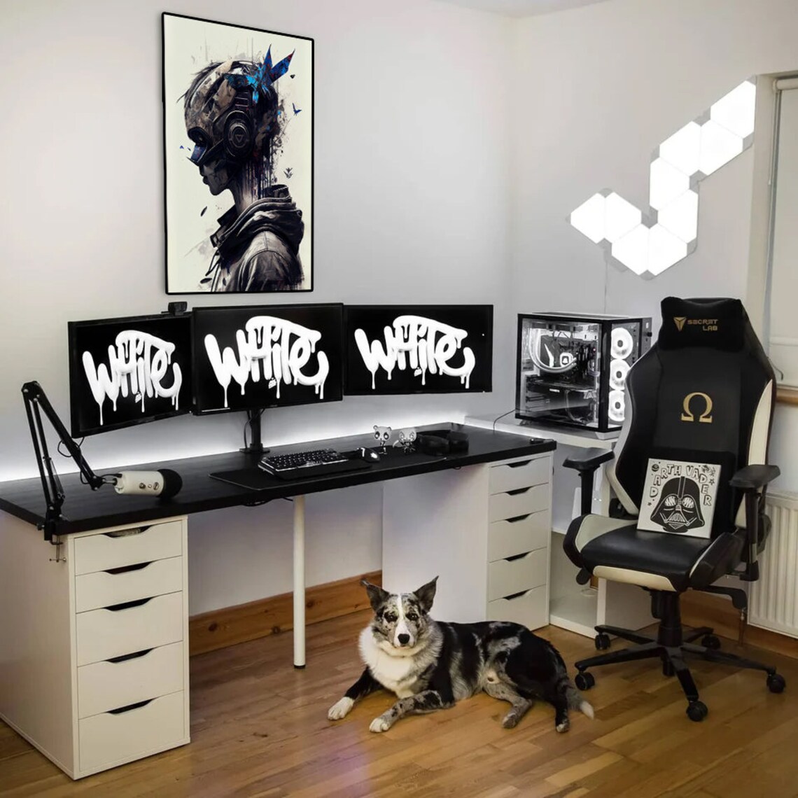 Cyberpunk Gamer Girl With Headset And Blue Butterfly Watercolor Poster - Image 2