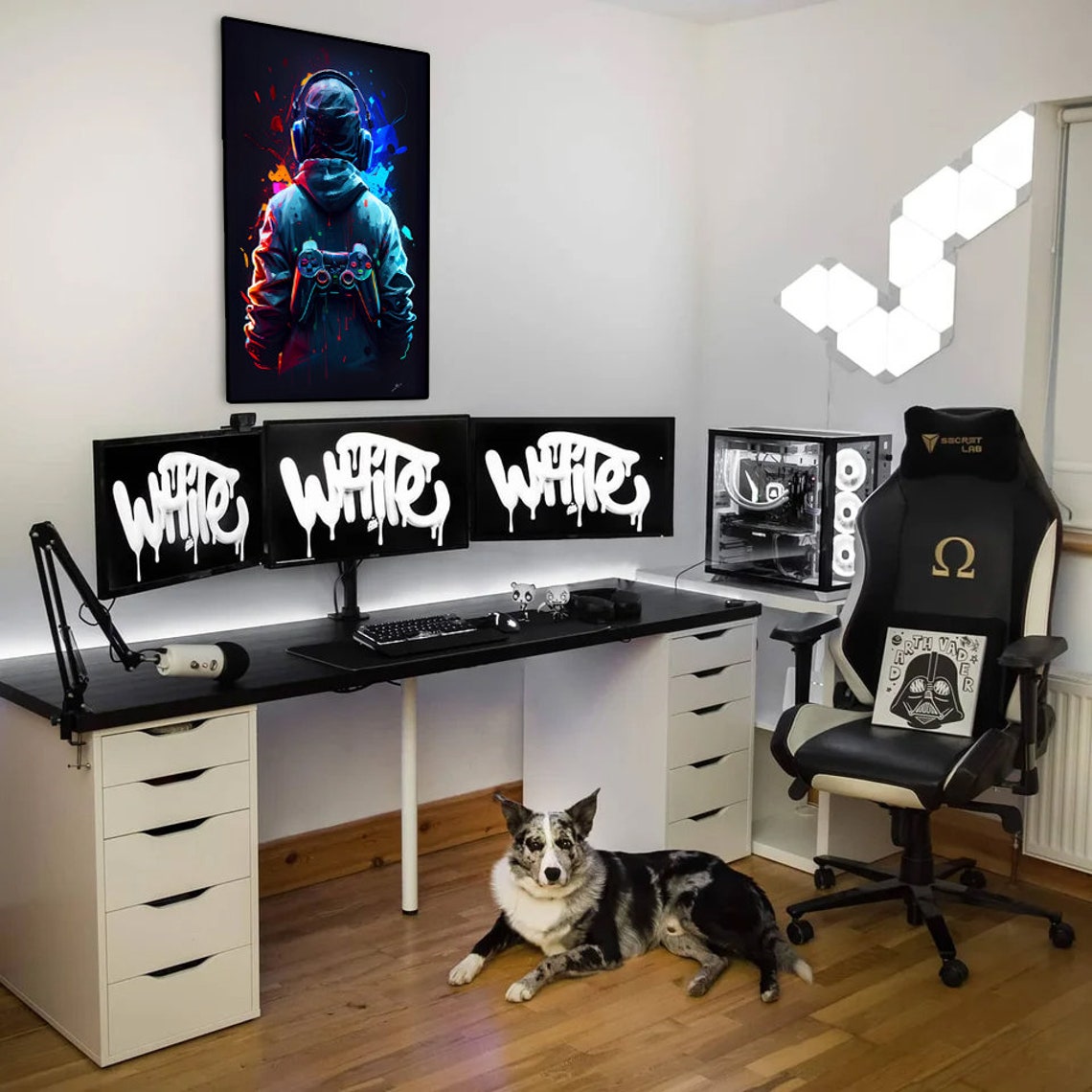 Gamer Back View With Headset Neon Paint Splatter Brick Wall Poster - Image 2