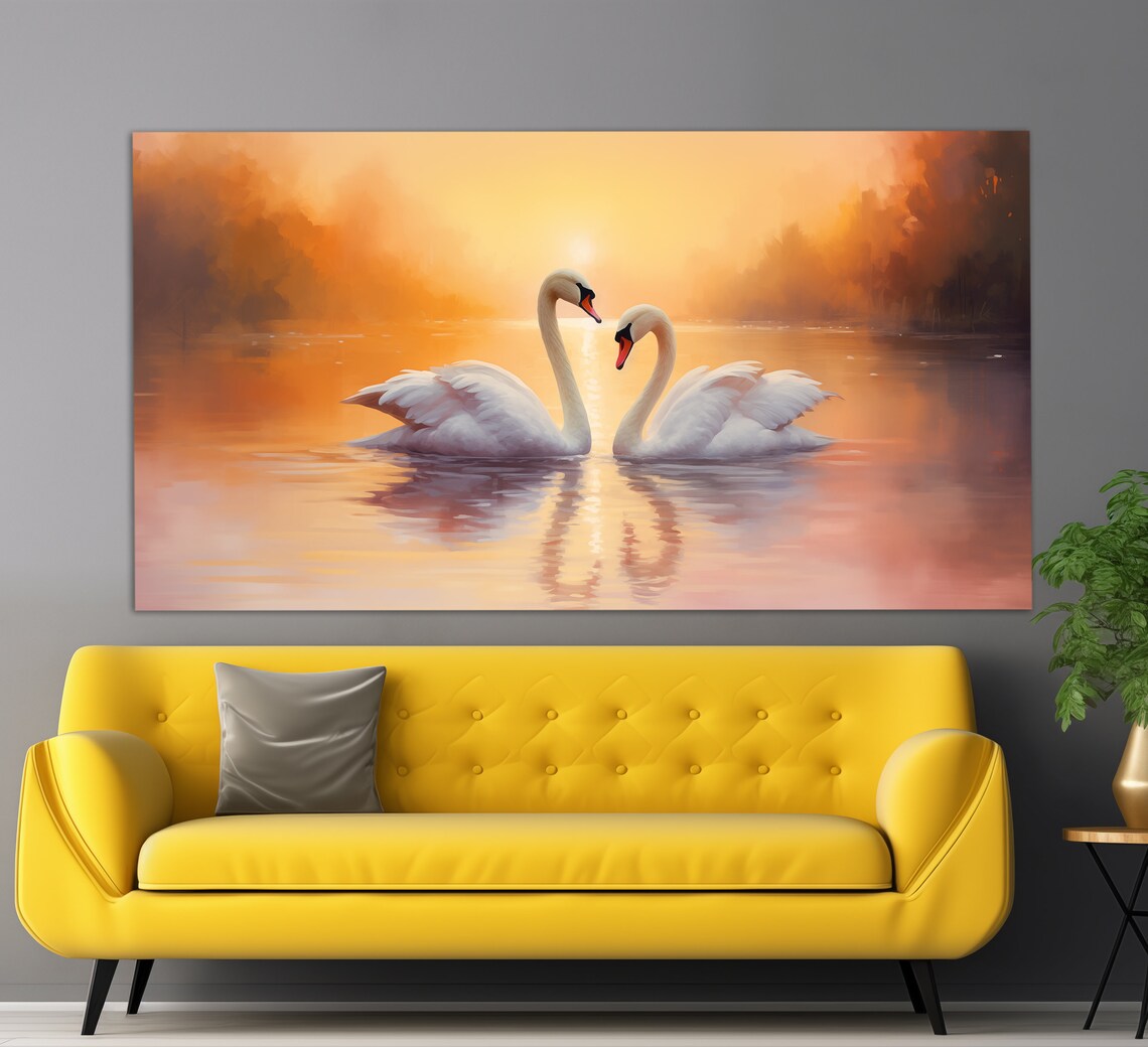 Swans Couple, Vintage Oil-Style Wall Art Print
