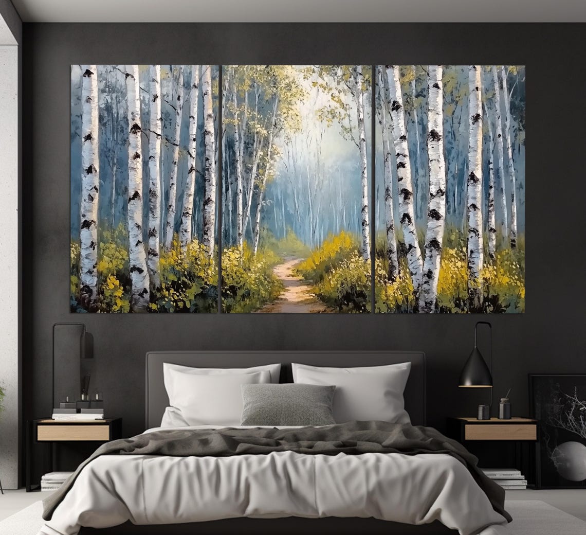 Sunlit Birch Grove Forest Path White Trunks Oil Painting Art Poster - Image 3