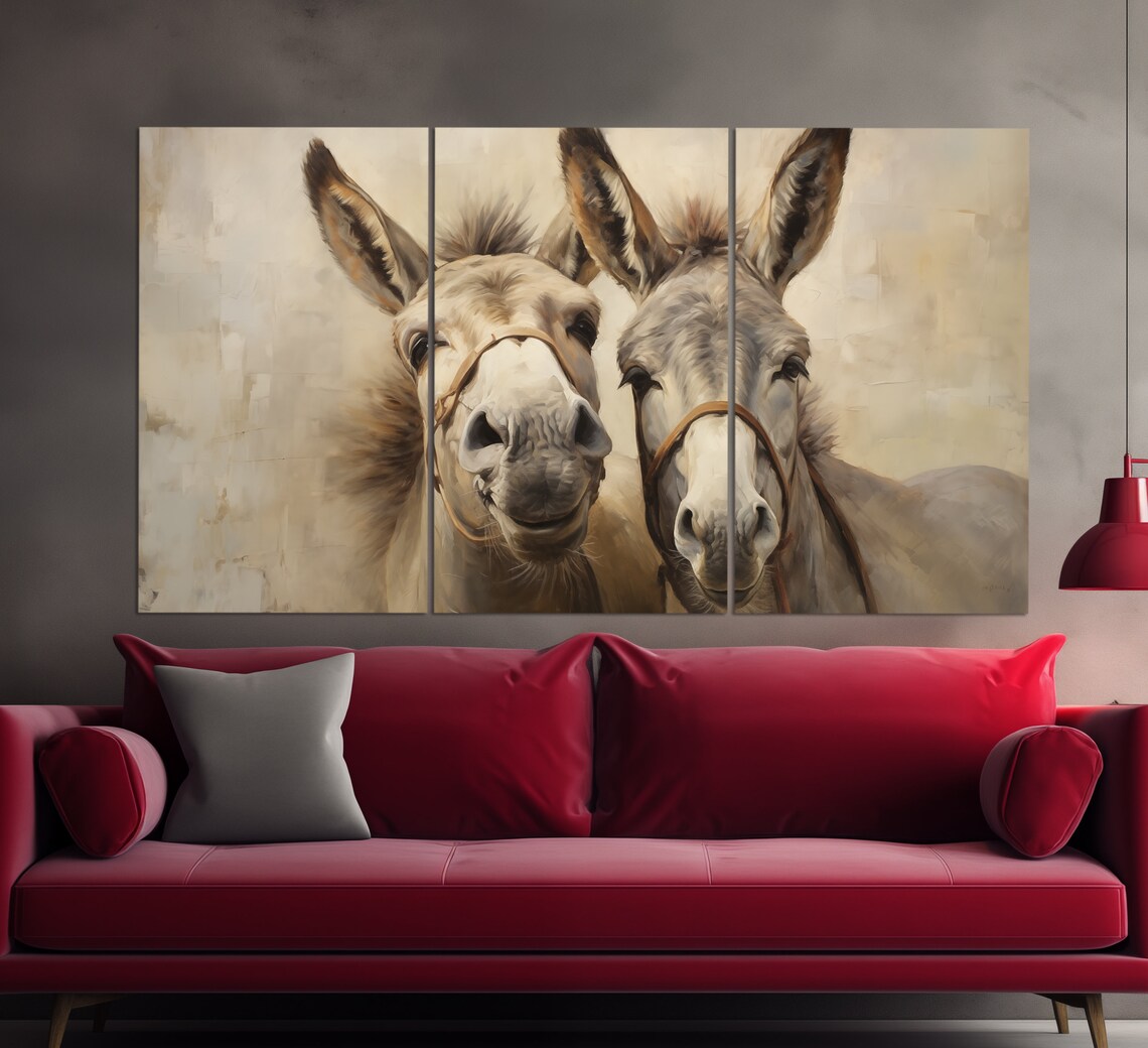 Two Cute Donkeys Close Up Portrait Painting Style Neutral Tones Poster - Image 3