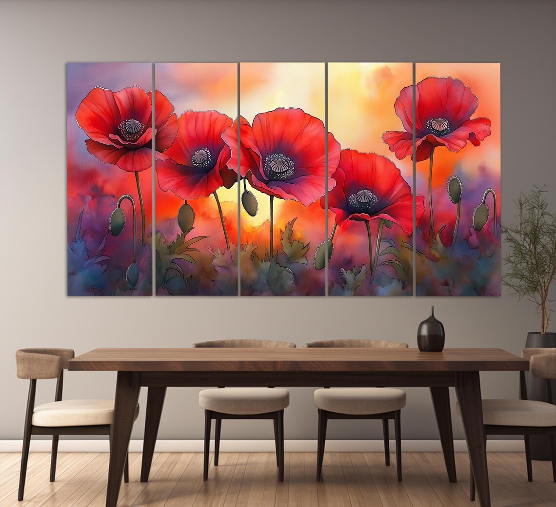 Vivid Red Poppies Meadow Blooming Floral Oil Painting Wall Art Poster - Image 2