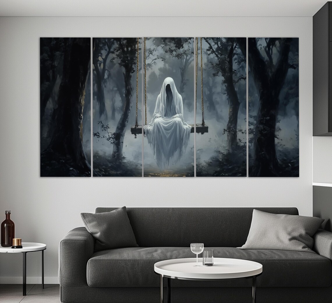 White Ghost Sitting On Swing In Misty Dark Forest Gothic Melancholy Poster - Image 5