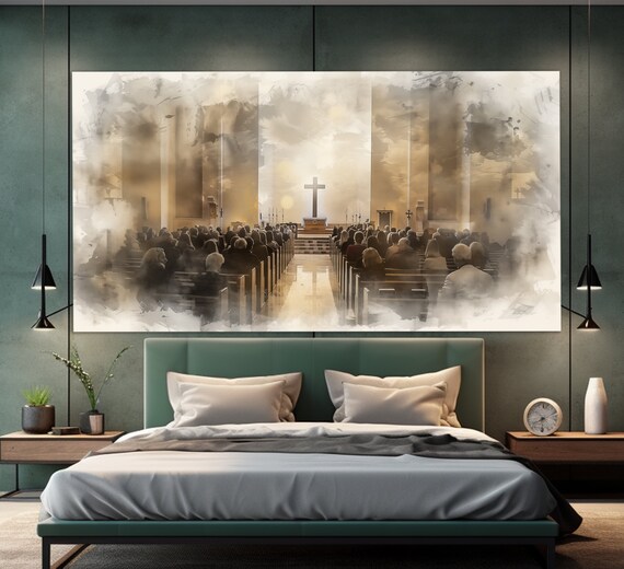Church Sanctuary Cross Congregation Worship Soft Sepia Watercolor Art Print