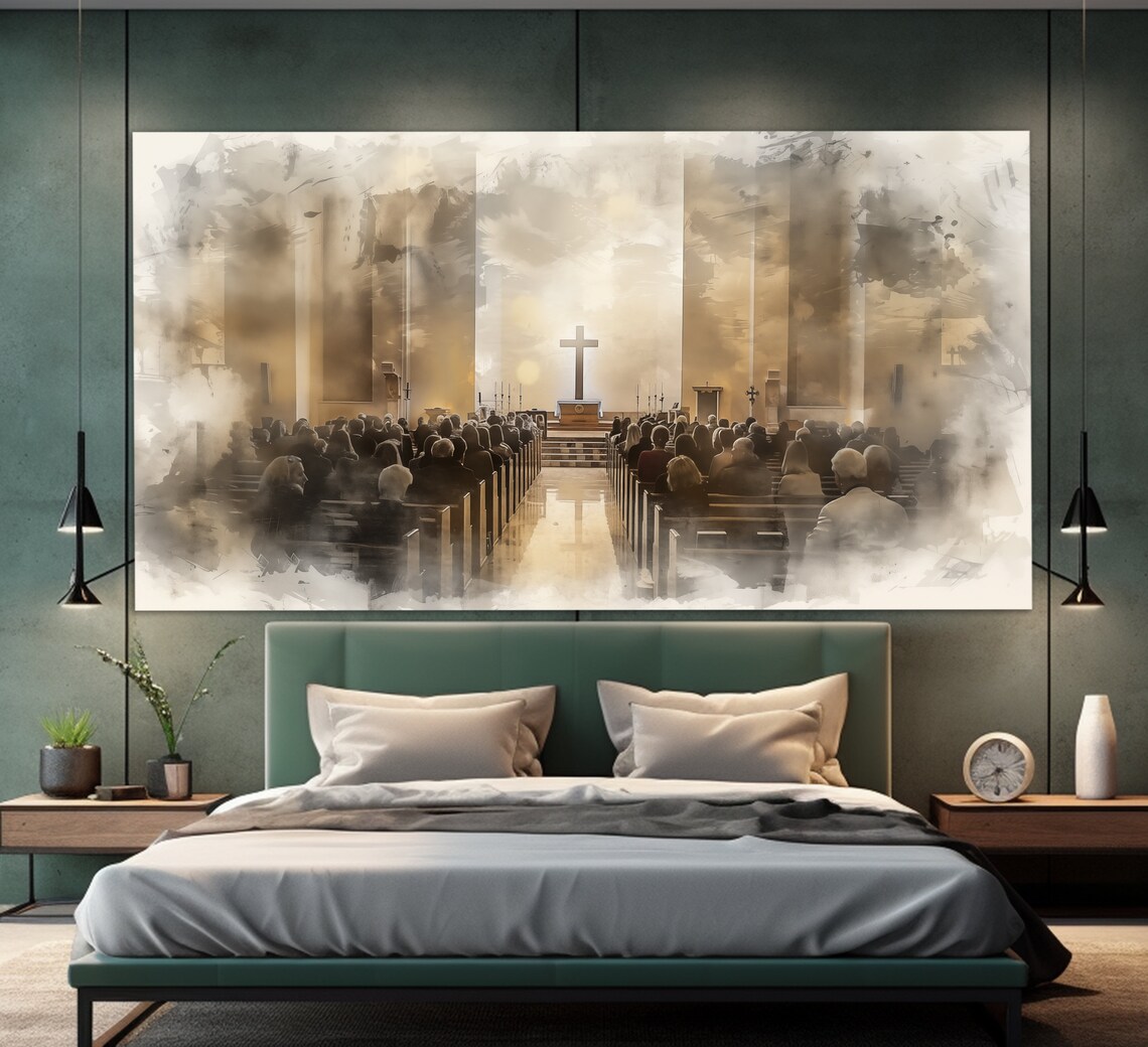 Church Sanctuary Cross Congregation Worship Soft Sepia Watercolor Art Print