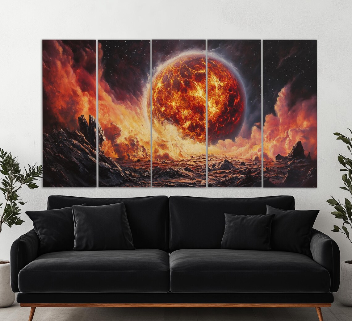Abstract Fiery Mars Planet Rising Over Alien Rocky Landscape Space Wall Art - Image 5