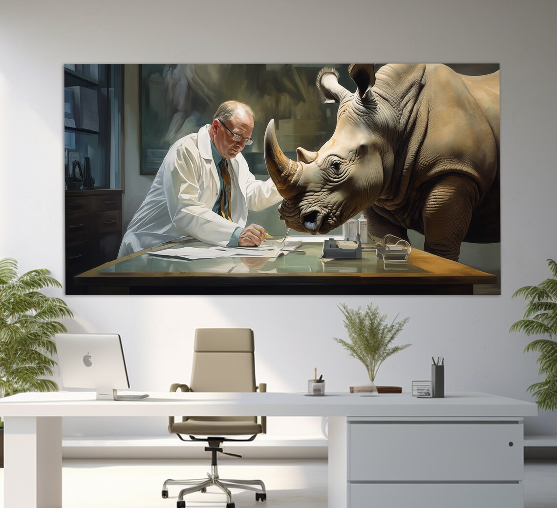Rhinoceros Visiting Veterinarian Doctor Surreal Wildlife Office Wall Art Poster