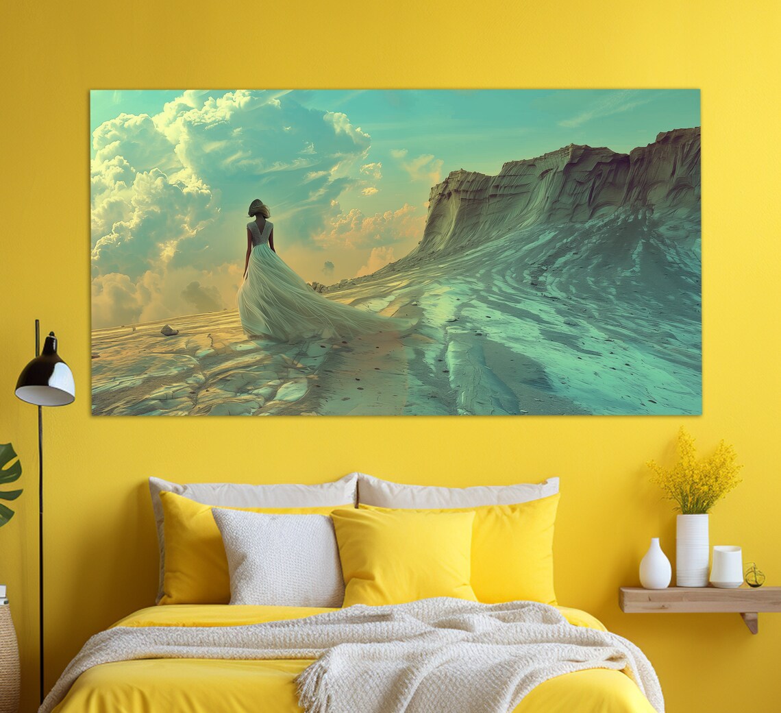 Woman White Dress Sea Cliff Breeze Elegant Art Joyful Twirling Ocean Breeze Poster - Image 2