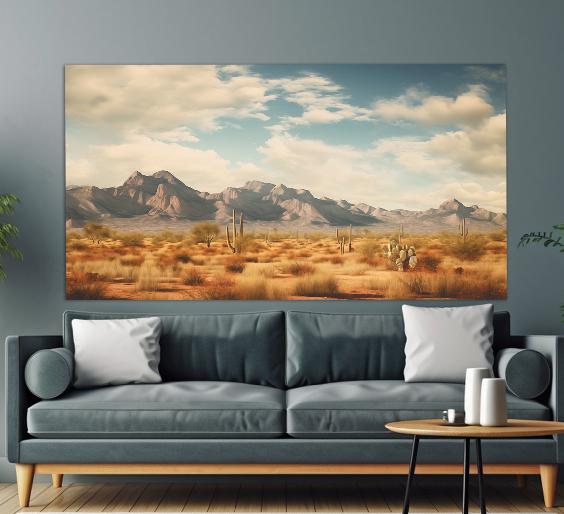 Arizona Desert Print In A Neutral Oil Painting Colors Saguaro In Arizona Wall Art Neutral Colors Painting Arizona Art