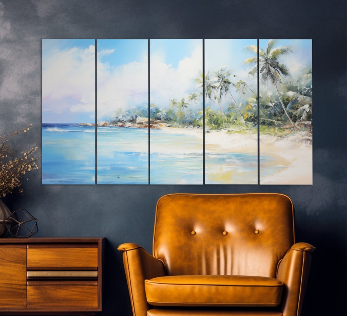 Tropical Paradise Beach Palm Trees Turquoise Ocean Painting Poster - Image 5