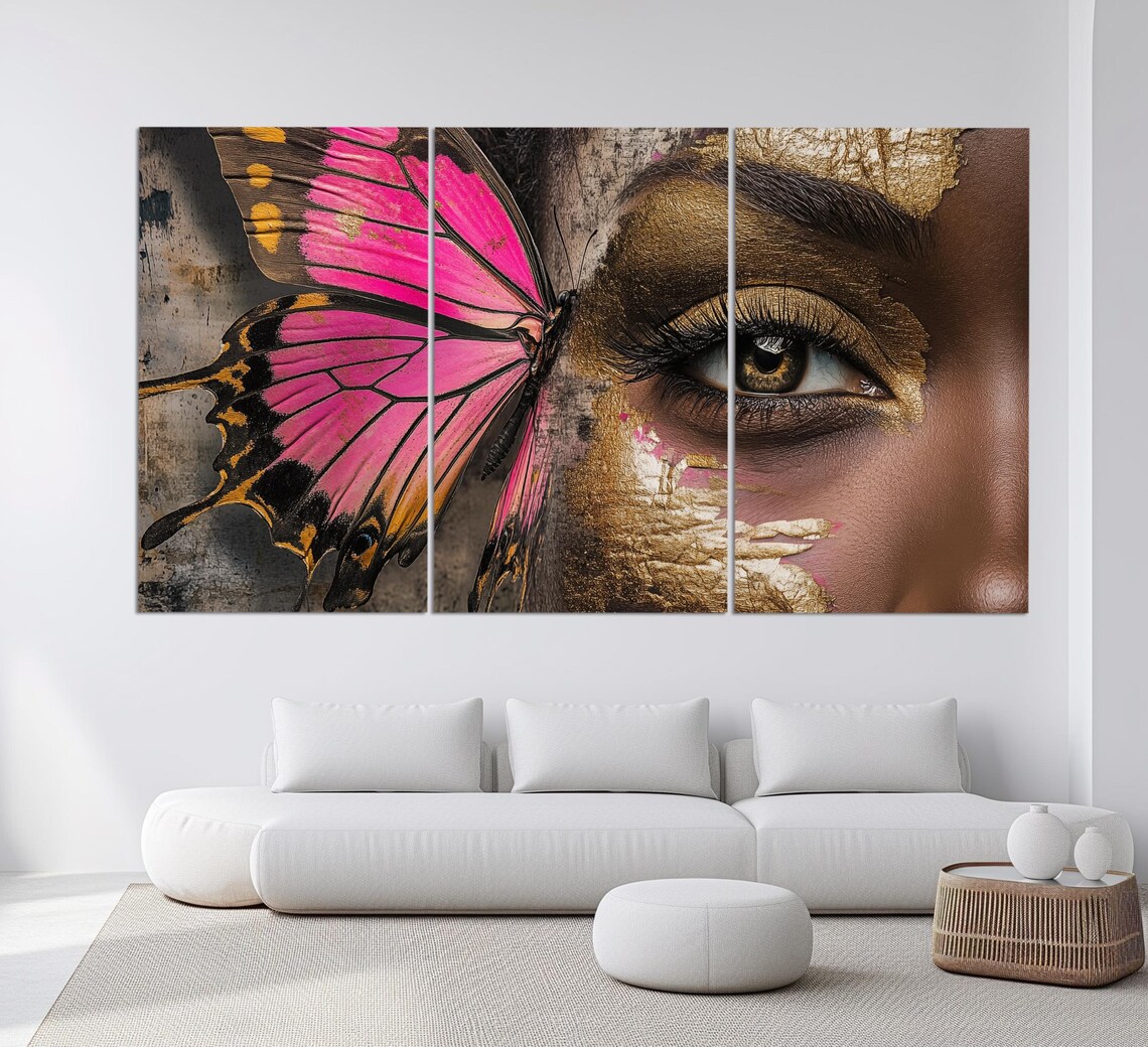 Woman Eye Pink Butterfly Gold Leaf Glamour Fashion Art Wall Poster - Image 2