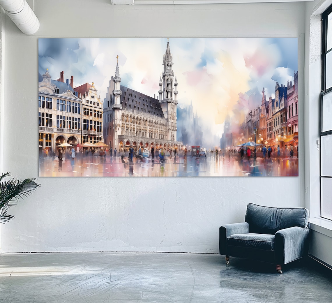 Brussels Grand Place Town Hall Watercolor Style Belgium Travel Poster