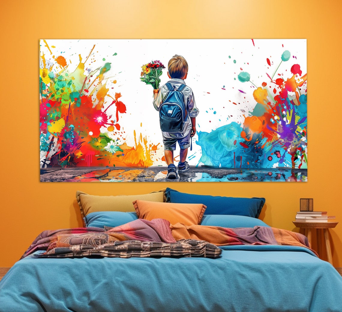 Boy With Flower Bouquet Graffiti Splatter Colorful Street Art Poster