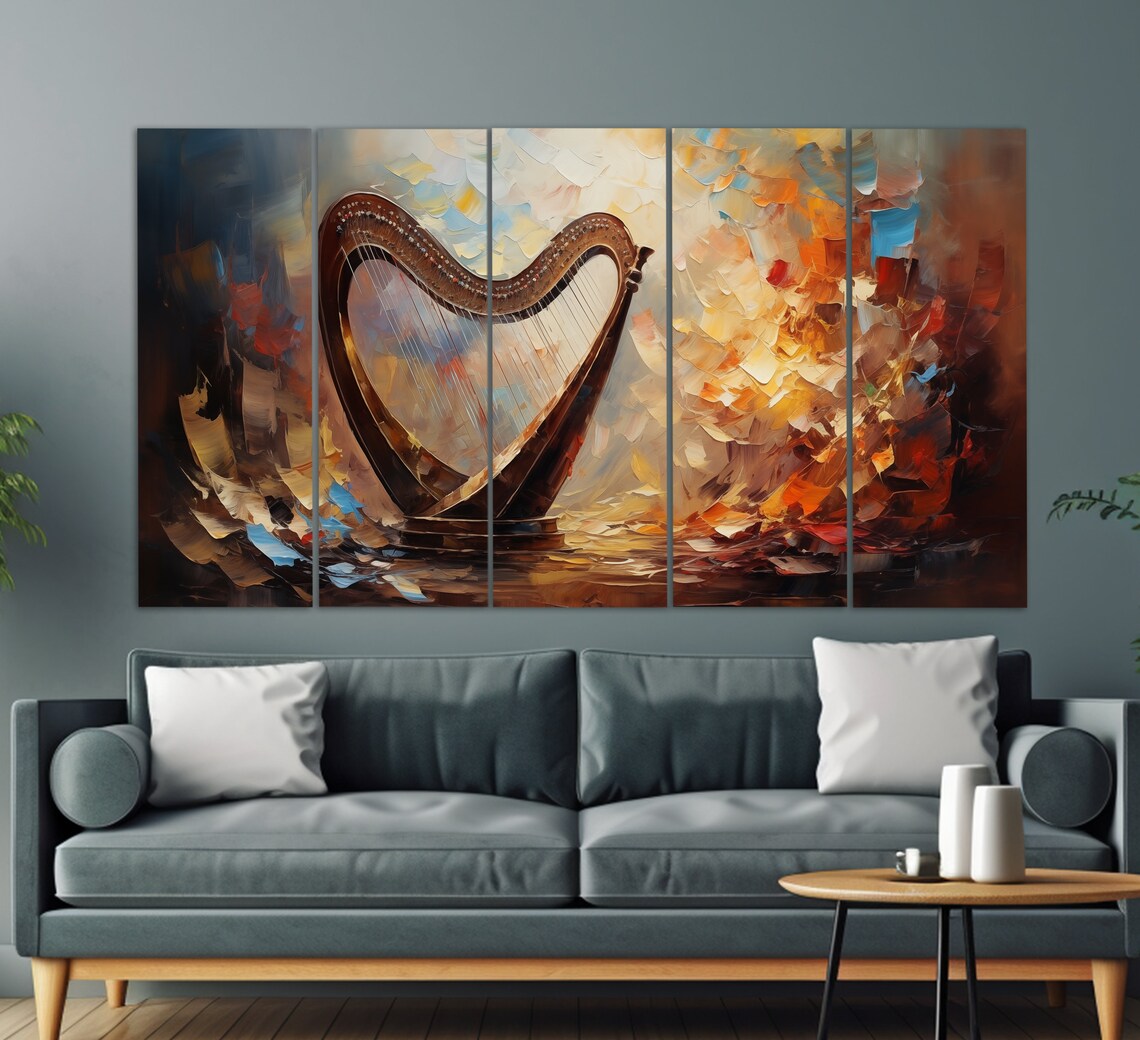 Harpist Girl With Wine Glass Abstract Harp Golden Oil Painting Poster - Image 2