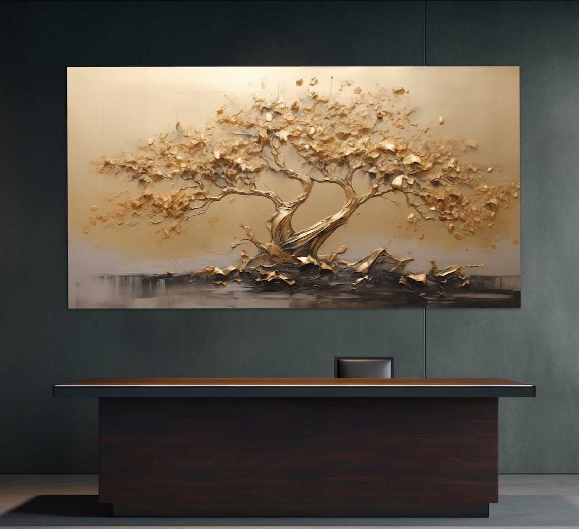 Golden Bonsai Tree Abstract Painting, Office Art Print - Image 3