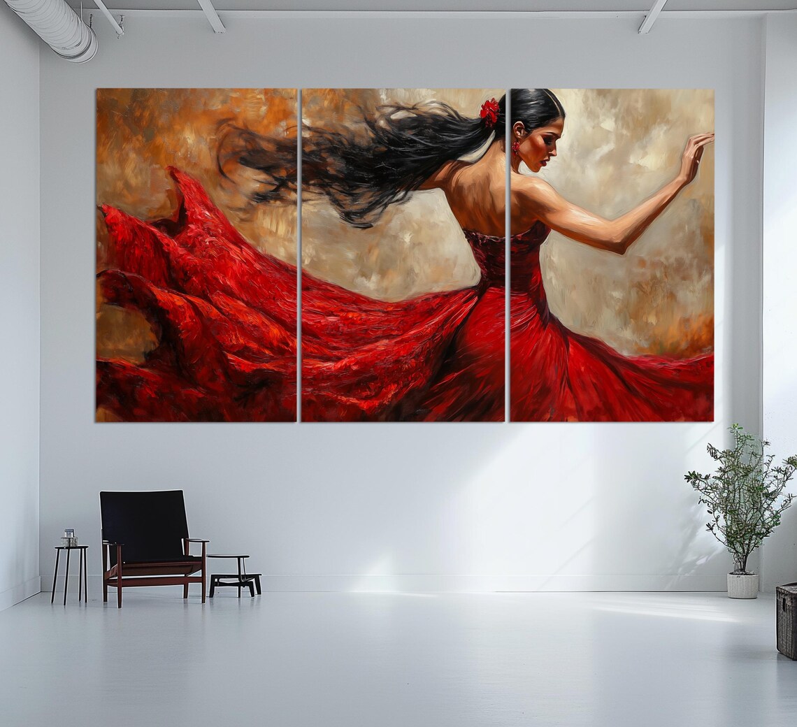 Flamenco Dancer Flowing Red Dress Twirling Motion Oil Painting Style Poster - Image 6