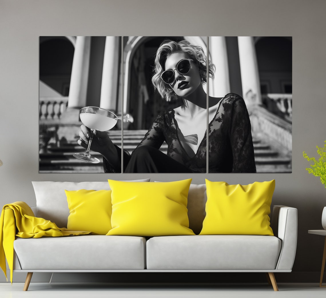 Beautiful Fashion Model With Cocktail Print Fashion Wall Art Black And White Art Fashion Poster - Image 3