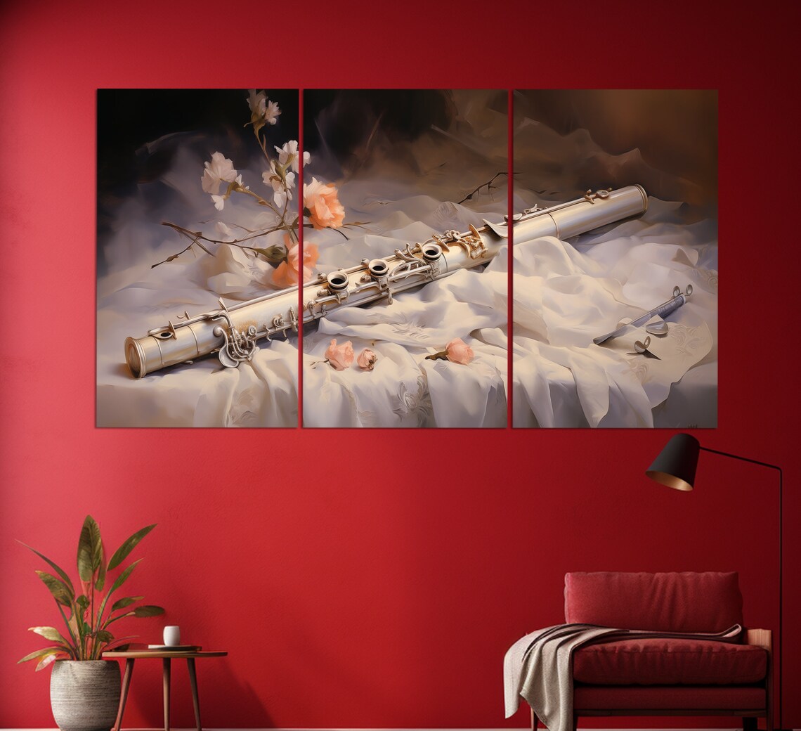 Silver Flute Still Life With Roses On Silk Moody Dark Oil Painting Poster - Image 6