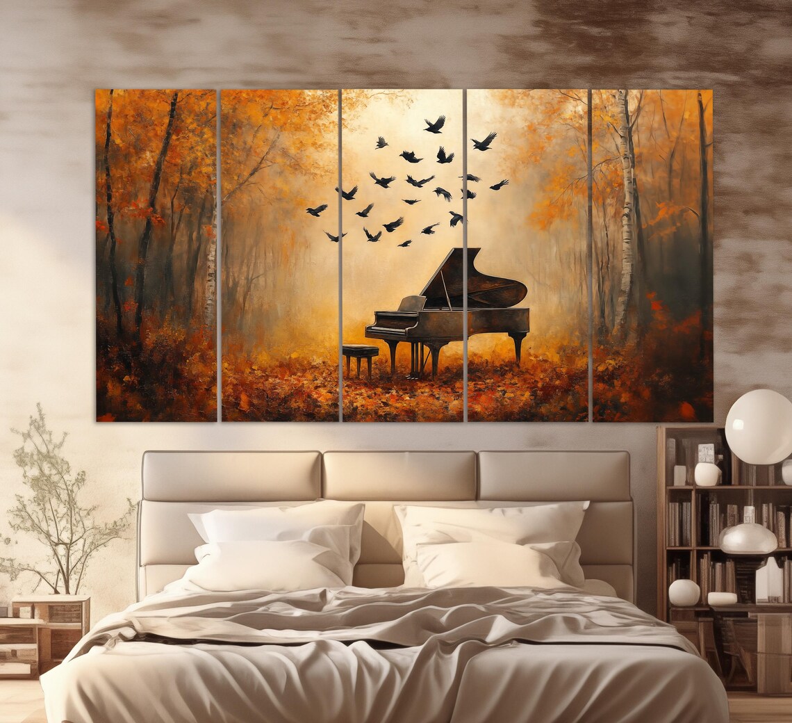 Grand Piano Autumn Forest Birds Golden Oil Painting Style Music Poster - Image 5