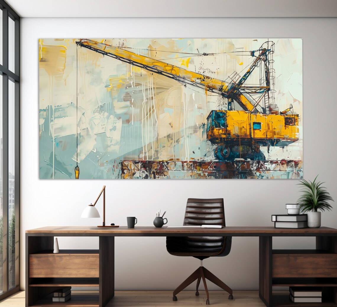 Yellow Construction Crane Abstract Oil Painting Industrial Print - Image 3