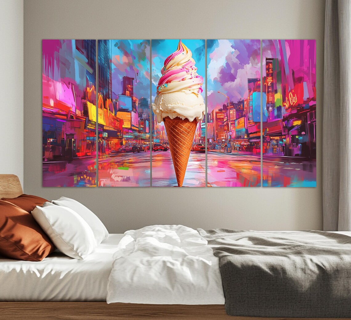 Giant Ice Cream Cone Neon City Night Surreal Pop Art Style Fun Poster - Image 2