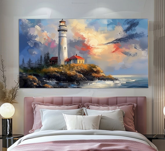 Scenic Lighthouse Print In A Vintage Oil Painting Style Nature Wall Art Mystical Lighthouse Poster Lighthouse Print