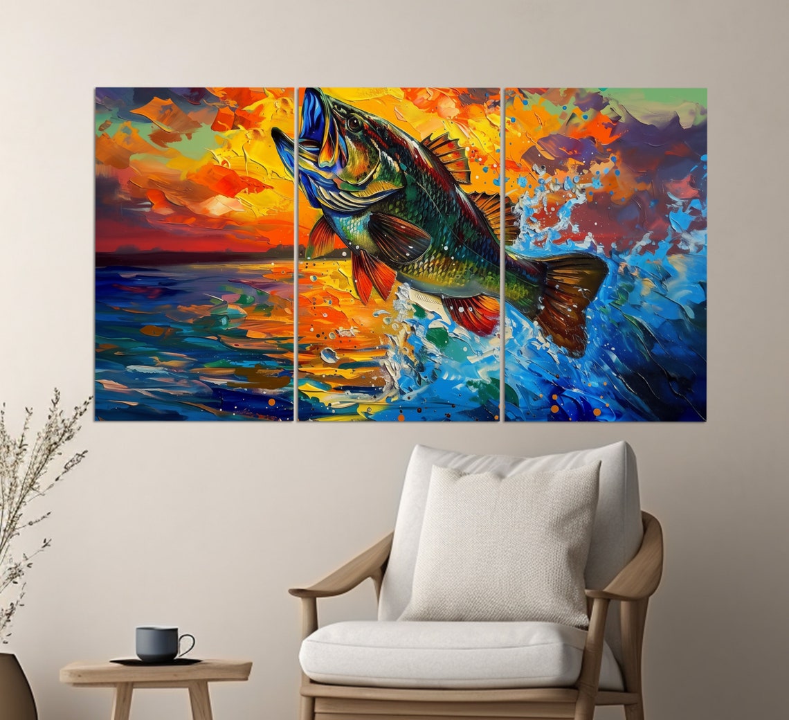Abstract Big Bass Jump Print In A Painting Style Underwater Wall Art Colorful Bass Painting Fishing Wall Art Fisherman Gift - Image 3