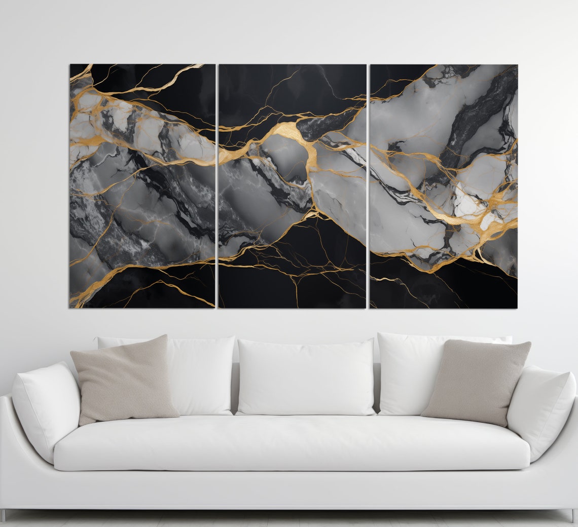Black Marble Gold Veins Abstract Luxury Stone Texture Modern Wall Art - Image 3
