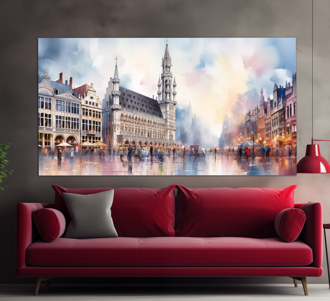 Brussels Grand Place Town Hall Watercolor Style Belgium Travel Poster - Image 3