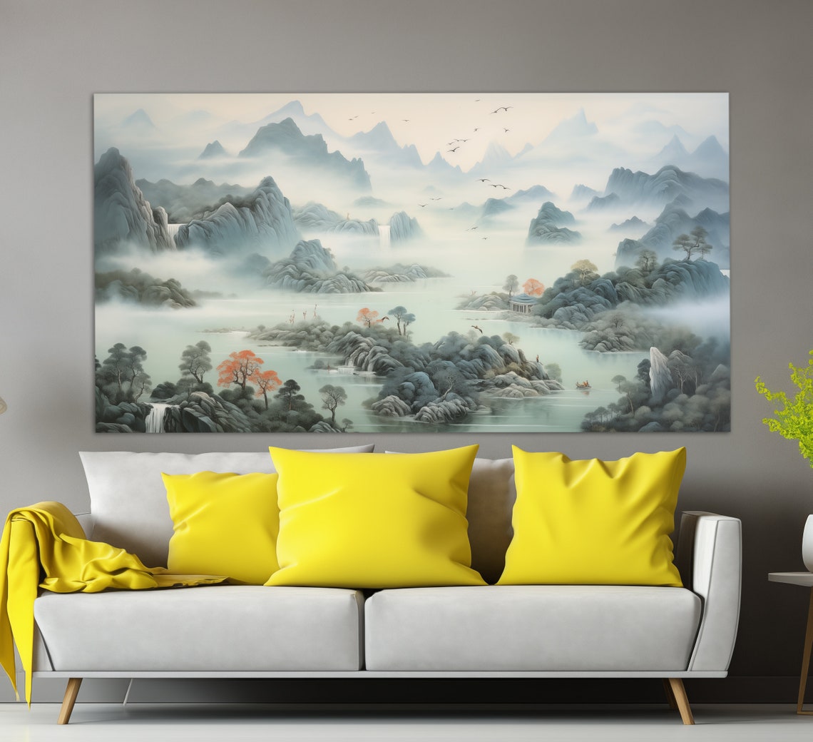 Misty Chinese Ink Wash Mountains Waterfalls Autumn Trees Nature Poster - Image 4