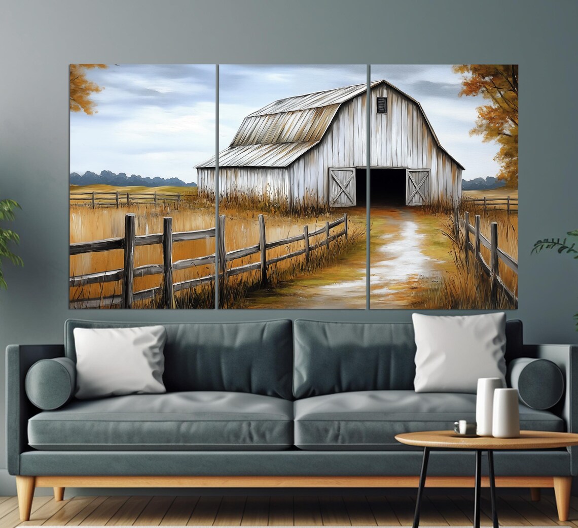 Rustic Red Barn Countryside Field Vintage Oil Painting Farm Art Poster - Image 3