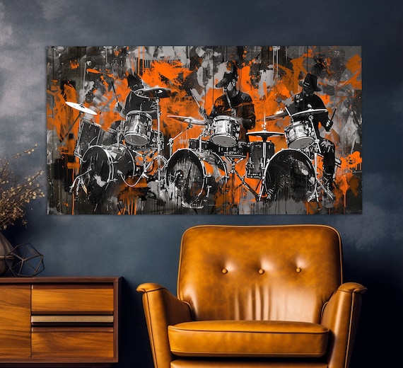 Drummers Silhouette Orange Paint Splash Black White Bold Music Art Poster