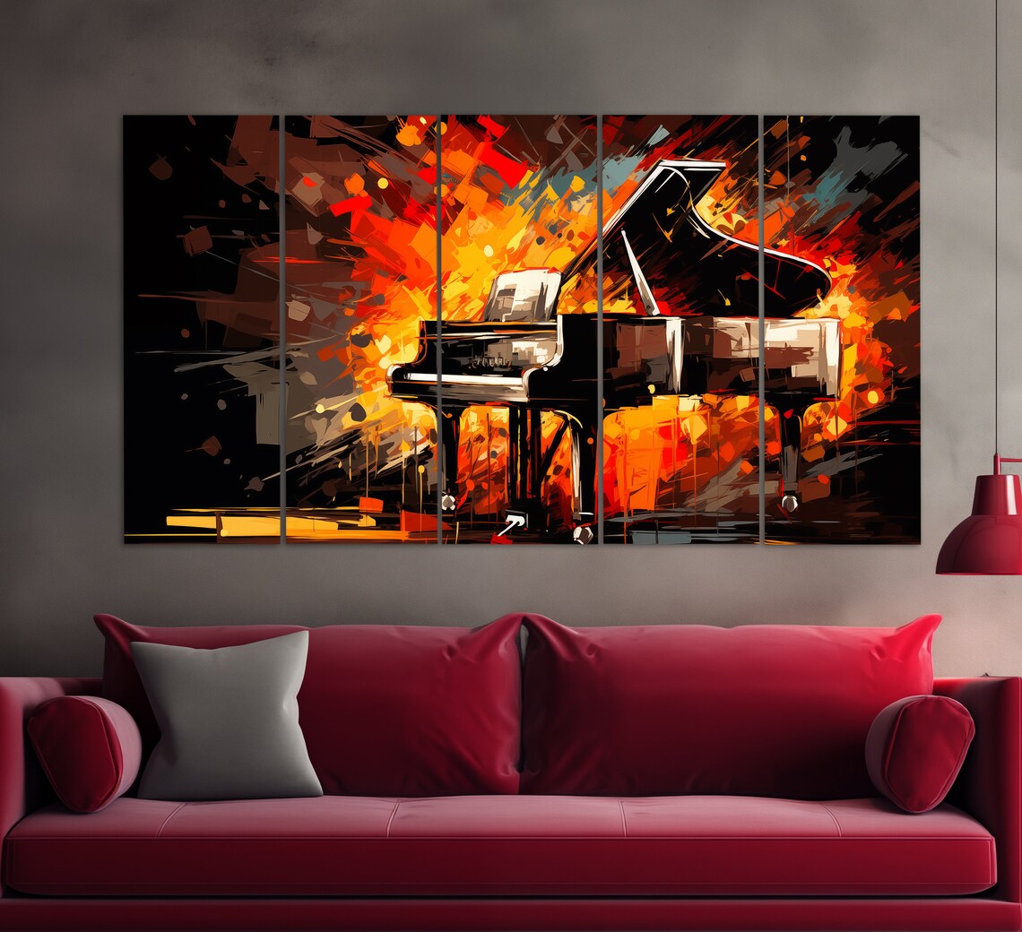 Grand Piano Fiery Red Orange Abstract Brushstroke Music Lovers Wall Art - Image 2