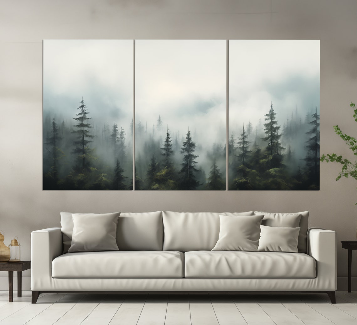 Misty Pine Forest Foggy Treeline Soft Green Minimalist Nature Poster - Image 3