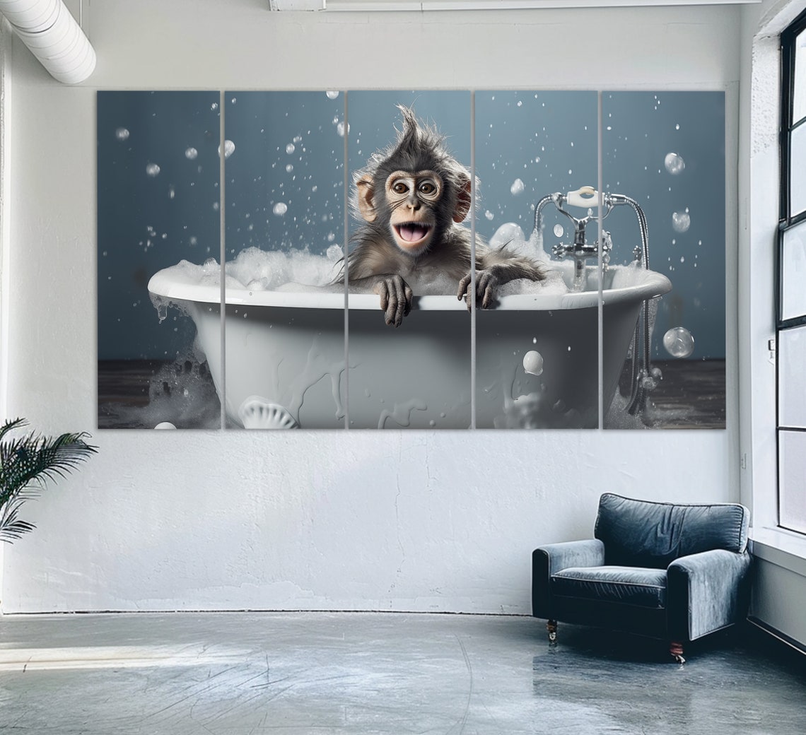 Funny Baby Monkey Splashing In Bubble Bath Happy Bath Time Wall Art - Image 2