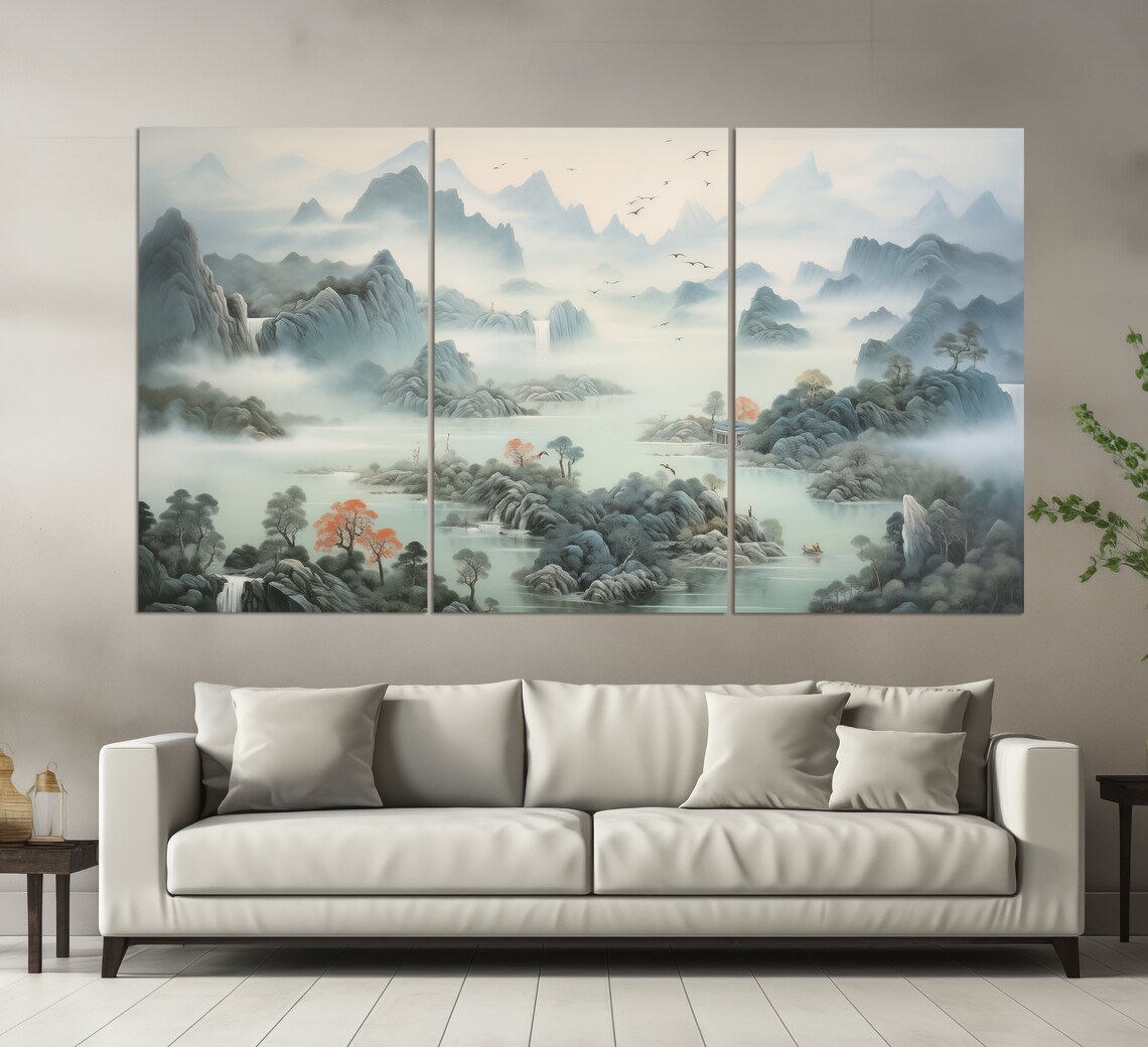 Misty Chinese Ink Wash Mountains Waterfalls Autumn Trees Nature Poster - Image 6