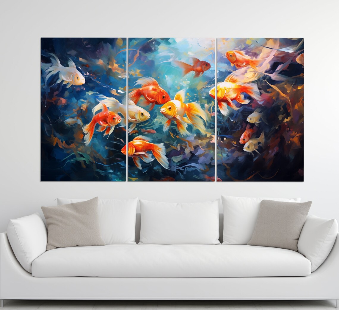 School Of Orange Goldfish Deep Blue Water Abstract Oil Painting Poster - Image 6