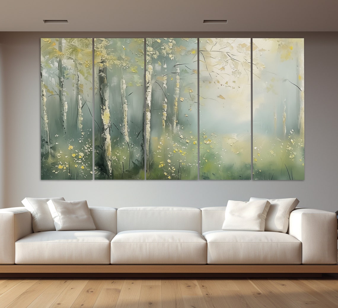 Misty Spring Forest Birch Trees Yellow Wildflowers Soft Light Wall Art - Image 5