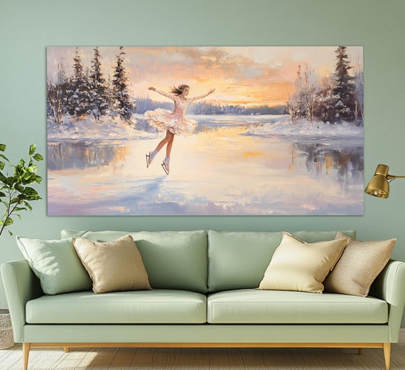 Figure Skating Wall Art Figure Skater On Winter Lake Print In An Vintage Oil Painting Style Figure Skating Poster