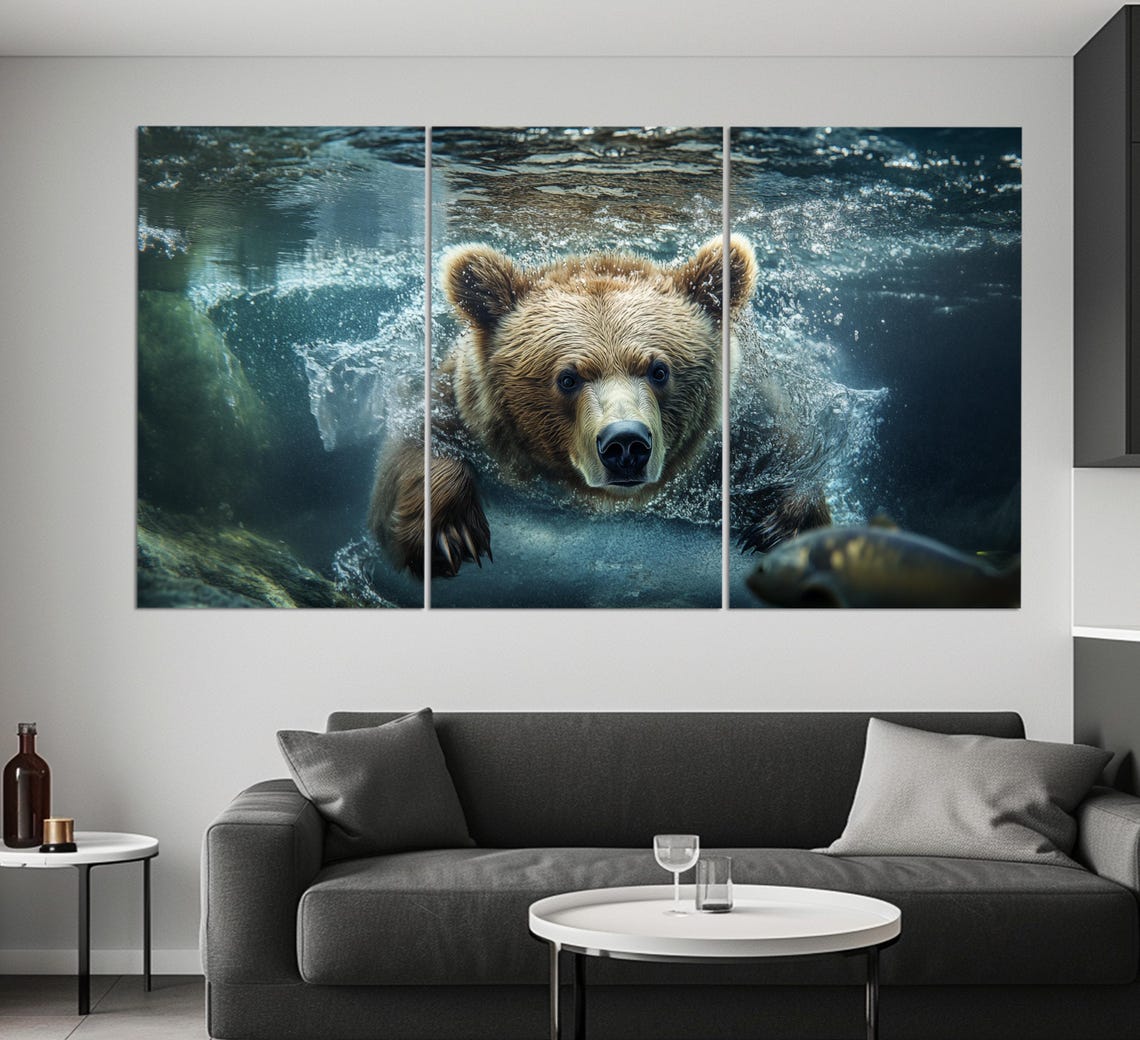 Brown Bear Swimming Underwater Chasing Fish Wildlife Art Poster - Image 6