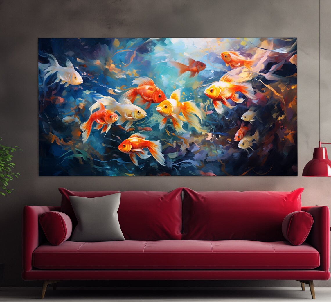 School Of Orange Goldfish Deep Blue Water Abstract Oil Painting Poster - Image 2