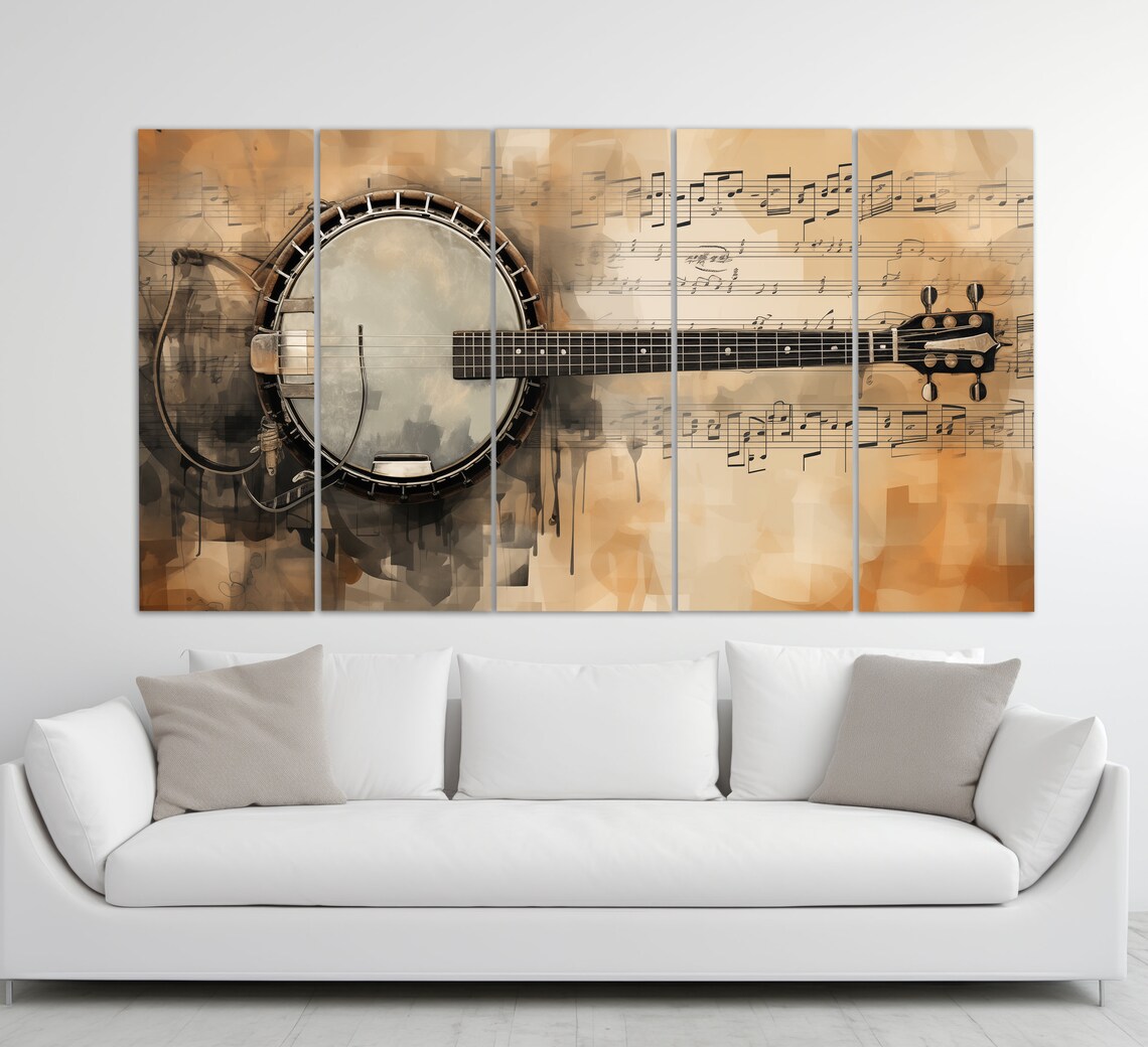 Vintage Banjo On Sheet Music Sepia Oil Painting Musician Gift Wall Art - Image 5