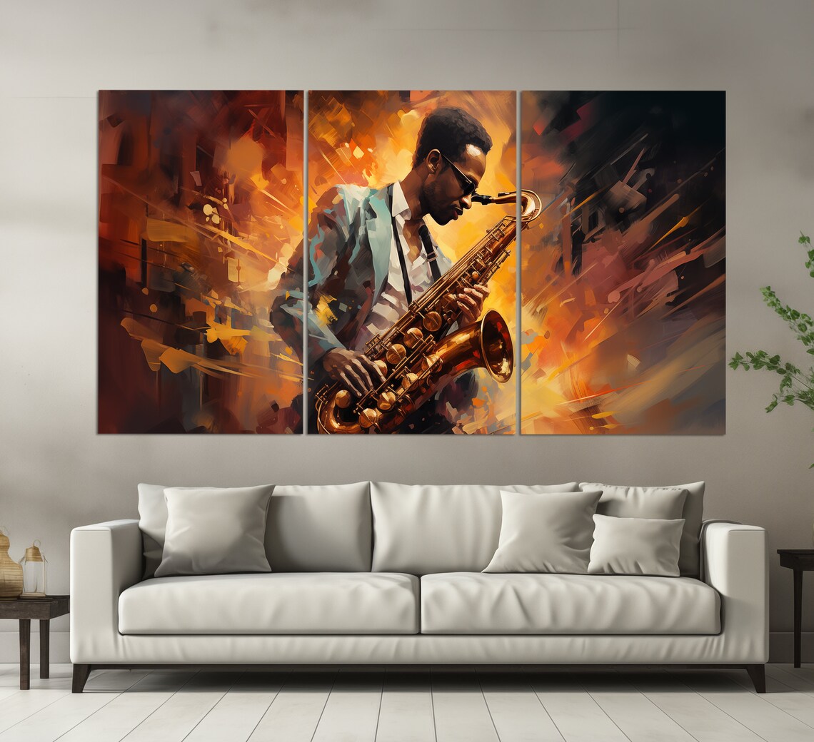 Saxophonist Playing Saxophone Fiery Orange Jazz Club Oil Painting Music Wall Art - Image 6