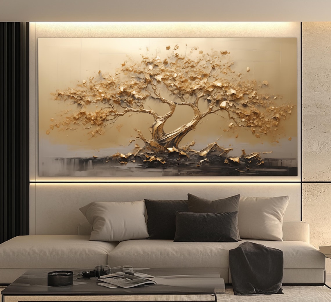 Golden Bonsai Tree Abstract Painting, Office Art Print