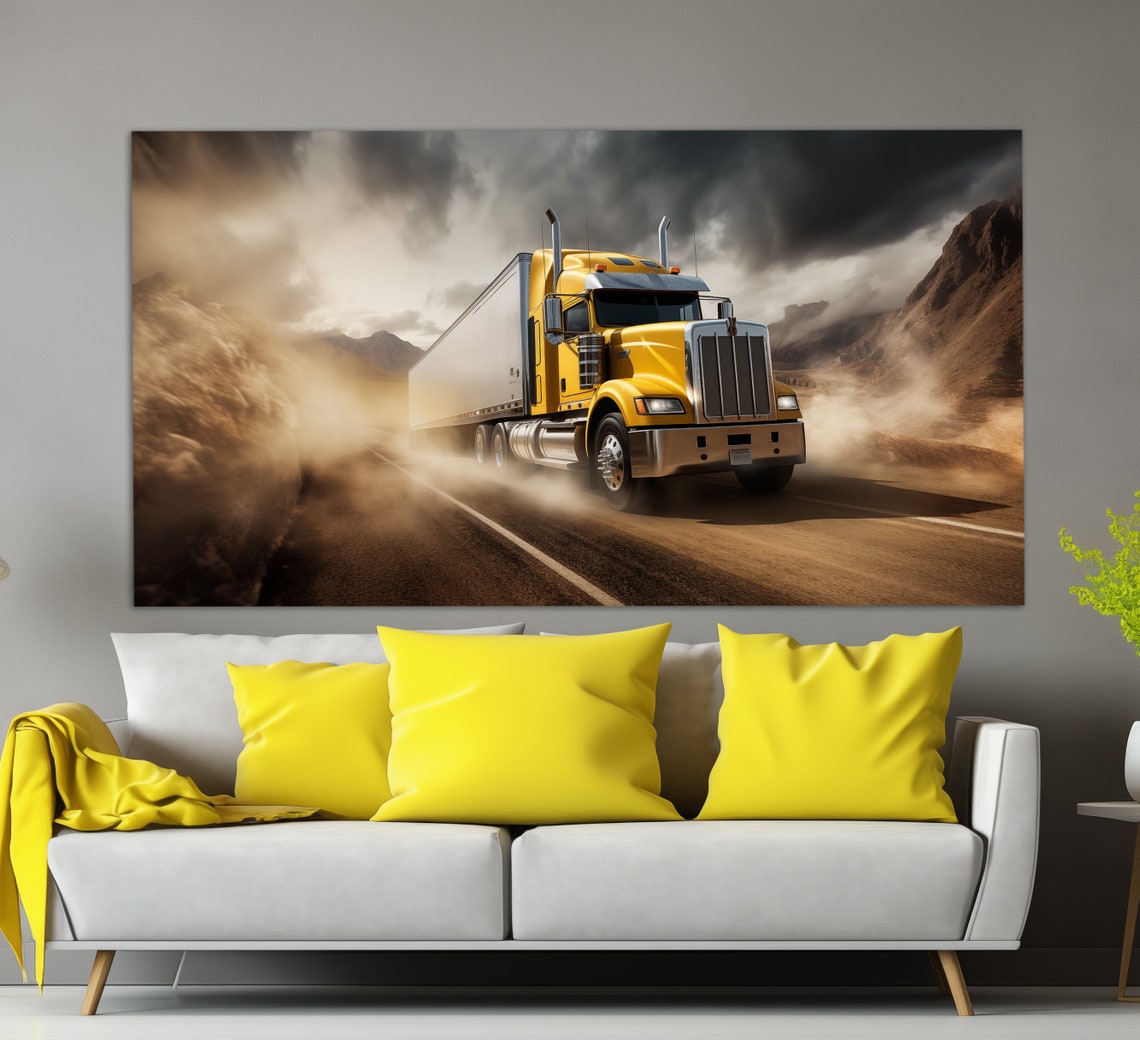 Yellow Semi Truck Speeding Desert Highway Dramatic Clouds Art Poster