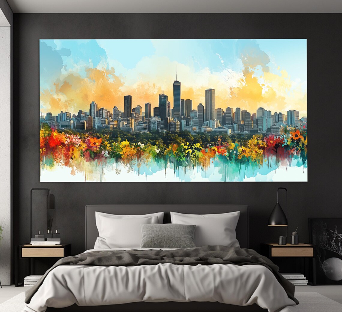 Sao Paulo Brazil Skyline Sunset Blossoms Watercolor Travel Poster