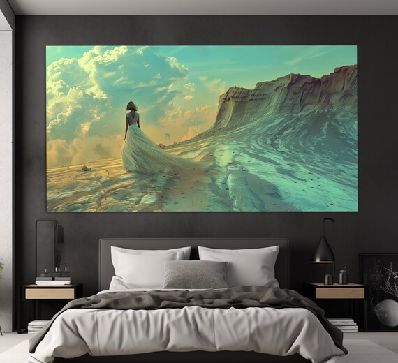Woman White Dress Sea Cliff Breeze Elegant Art Joyful Twirling Ocean Breeze Poster