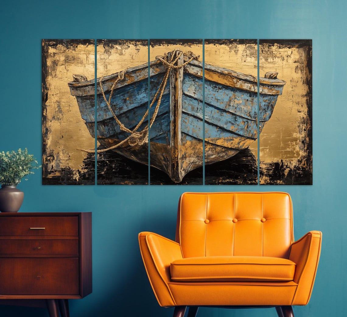 Old Wooden Boat Print In A Vintage Oil Painting Style Abstract Fishing Wall Art Old Fishing Boat Painting Retro Nautical Poster - Image 2