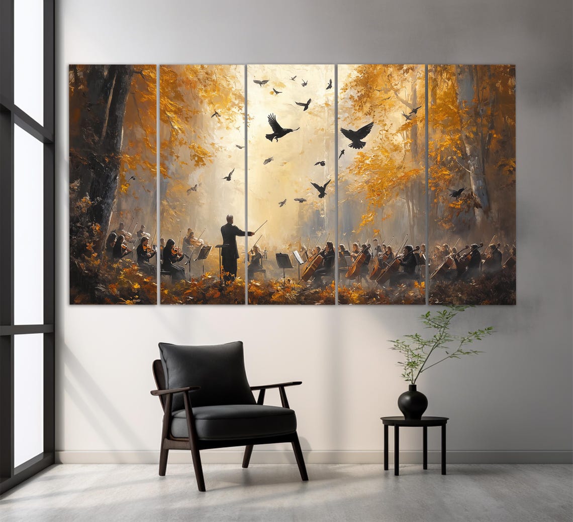 Symphony Orchestra Autumn Forest Oil Painting Style Birds Music Poster - Image 2